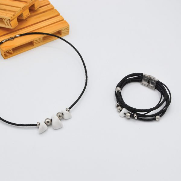Bracelet & collier homme cuir noir et pierres naturelles de marbre blanc de Carrare