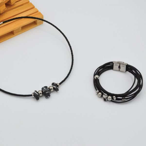 Bracelet & collier homme cuir noir pierres marbre noir & blanc