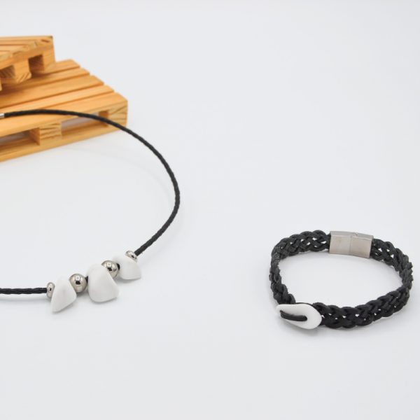 Collier & bracelet en cuir noir & pierres de marbre blanc faits main