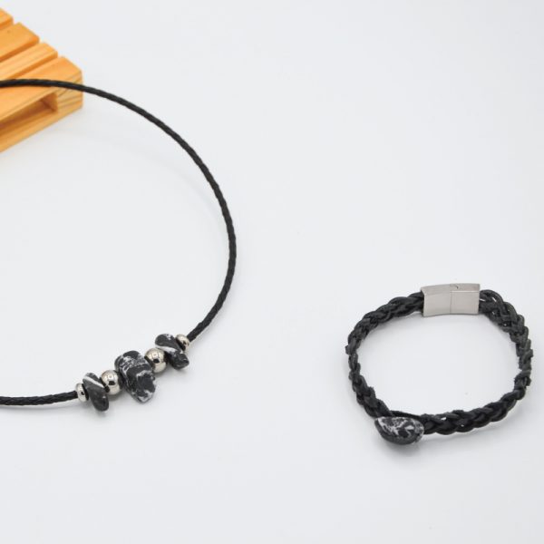 Collier & bracelet homme cuir noir pierres marbre noir acier inox
