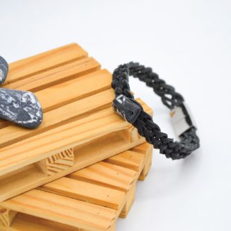Bracelet pour homme en cuir noir tressé artisanal pierre marbre noir